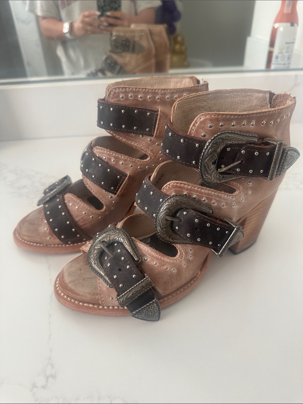 Freebird by Steven Taupe Leather Multi-Strap Heels with Black Studded Buckles